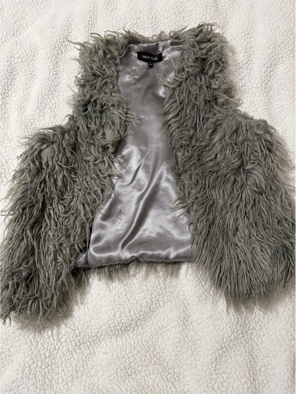 New Look Womens L Gray Shaggy Faux Fur Vest Gilet Open Front Lined Boho